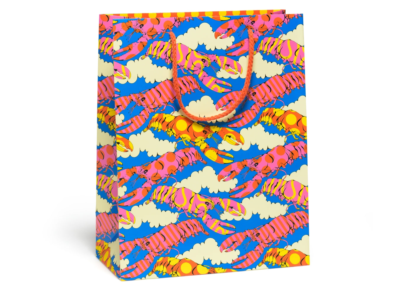 Rectangular gift bag with all over pattern of lobsters in patterns of red, pink, orange, and yellow polka dots, stripes, and squiggles on a blue sky and white puffy cloud background and orange cotton braided handle