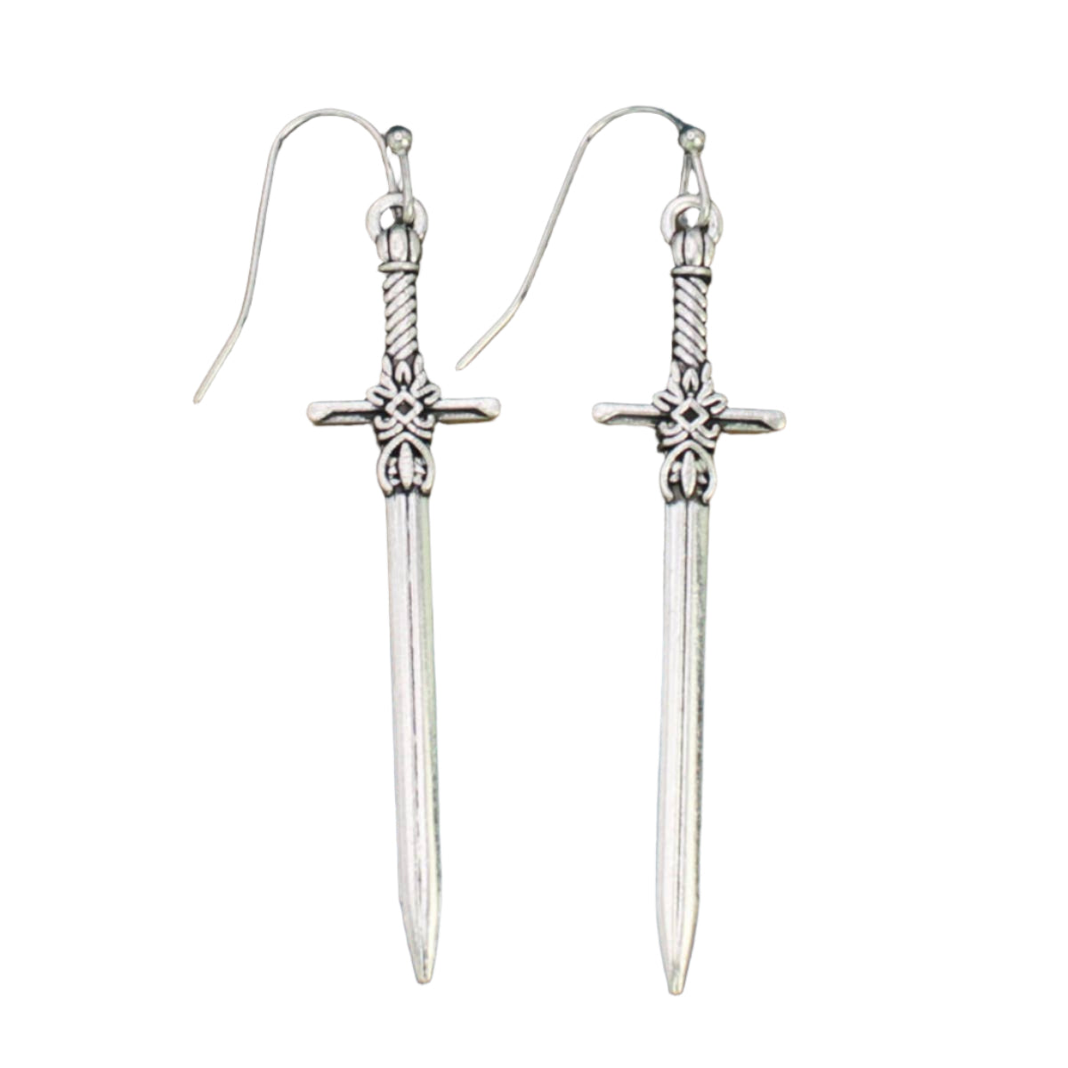 short silver metal sword charm dangle earrings with ornate detailed handles