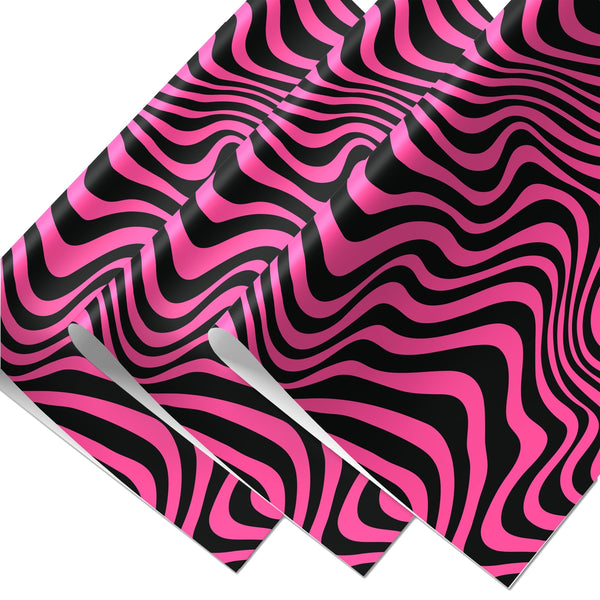 3 sheets of matte finish gift wrap in an all-over neon fuchsia and black psychedelic swirl pattern. Shown flat