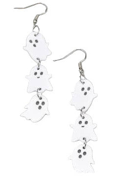 pair of dangle earrings, each comprised of three graduated size shiny white laser-cut acrylic cartoon ghosts linked together in a line