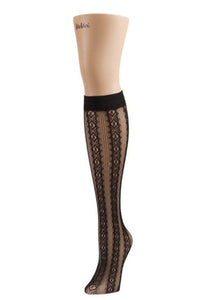 black lace knee socks with a horizontal stripe and baroque pattern