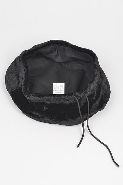 "French" beret in soft black velvet, showing interior with adjustable band