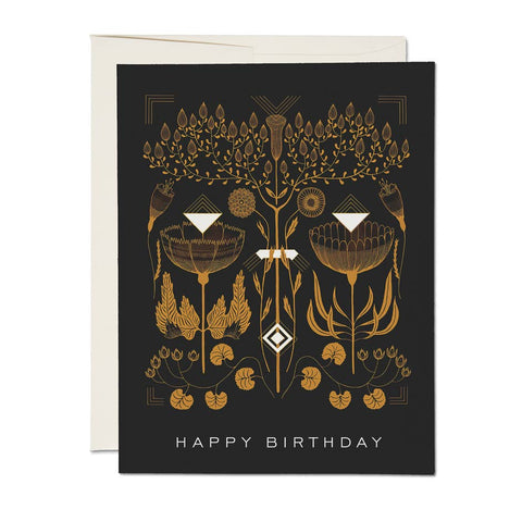 Black and golden amber colored poppies and clover illustrated greeting card with “HAPPY BIRTHDAY” message