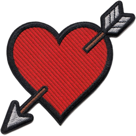 Heart-shaped red patch with an arrow through it on a white background