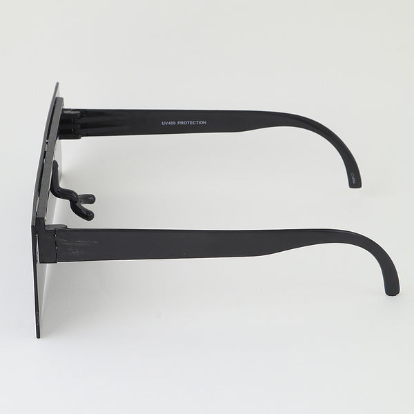 pair of black plastic frameless sunglasses in the shape of a censored eye bar. Shown from side
