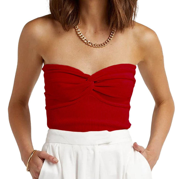 red ribbed texture tube top with sweetheart neckline and twist bodice detail shown on model