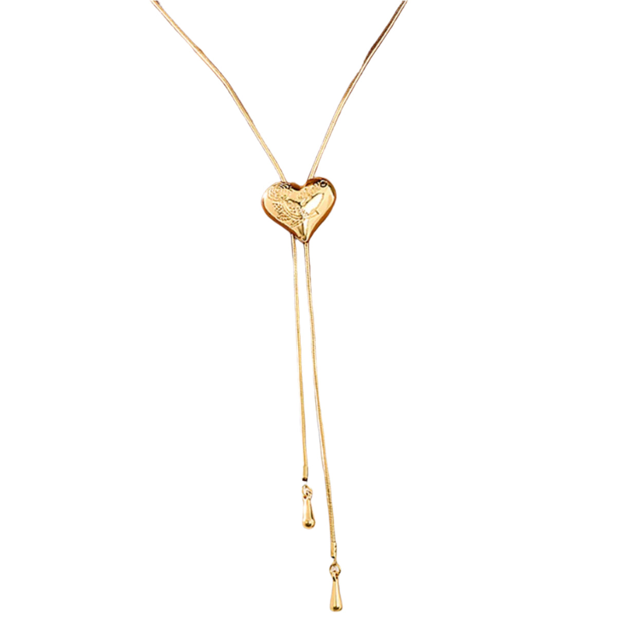 Gold metal bolo tie with a heart-shaped slide engraved with a rose and the word “love” in script, a gold metal snake style chain, and teardrop-shaped tips. 