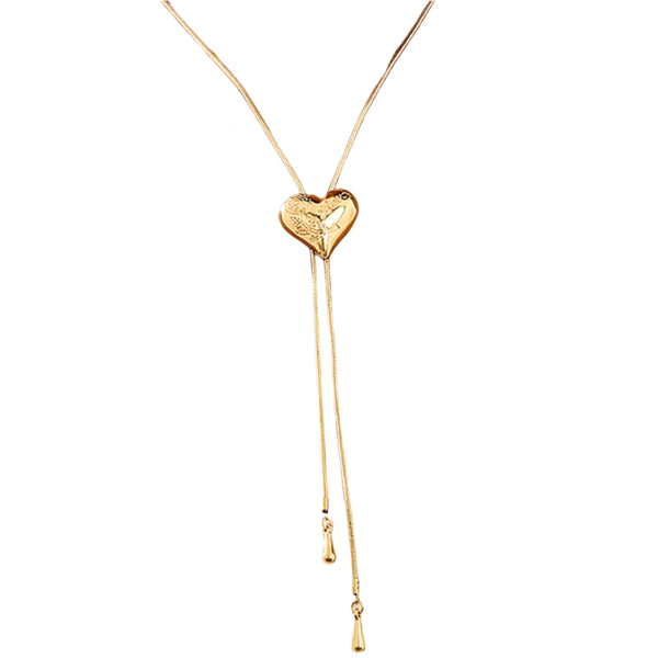 Gold metal bolo tie with a heart-shaped slide engraved with a rose and the word “love” in script, a gold metal snake style chain, and teardrop-shaped tips. 