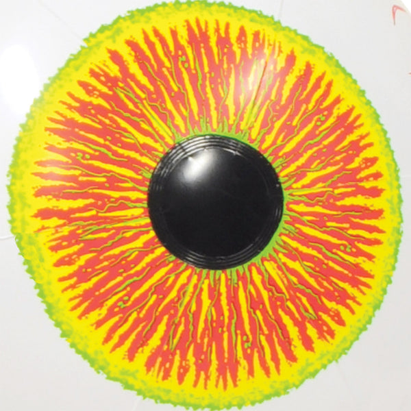 An inflatable novelty ball designed to look like a human eyeball, featuring a white base with red vein-like markings, a yellow and red iris, and a black pupil in the center. Shown in close up of the iris