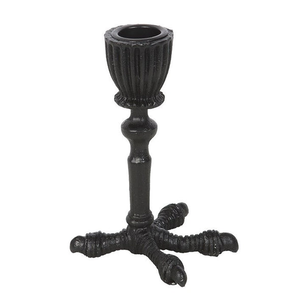 black metal with semi-gloss finish taper candleholder in the shape of a raven claw. Shown from side