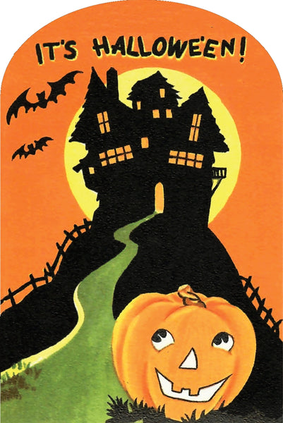 Halloween-themed illustration with the text 'IT'S HALLOWEEN!' at the top, a black haunted house silhouette against a yellow moon on an orange sky, bats, a green path, and a carved orange pumpkin in the foreground.