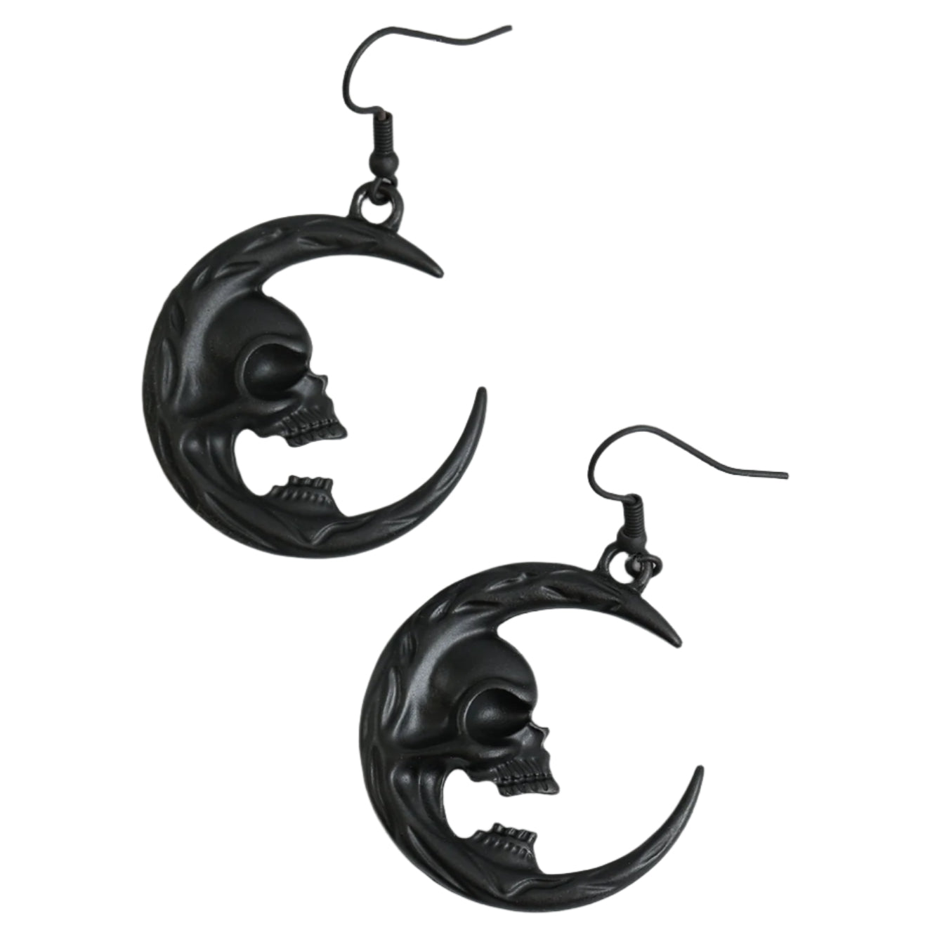 pair of black matte finish metal crescent moon with skull "face" dangle earrings