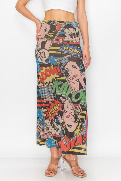 model wearing a maxi skirt with wide waistband and all-over vibrant colored comic book pop art style pattern. Shown in close up