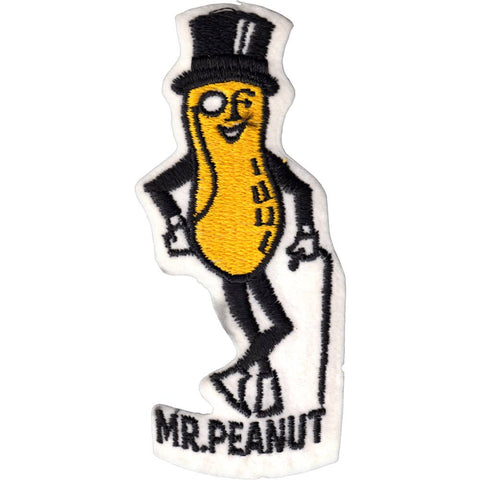 white felt embroidered patch of Mr. Peanut with his name below