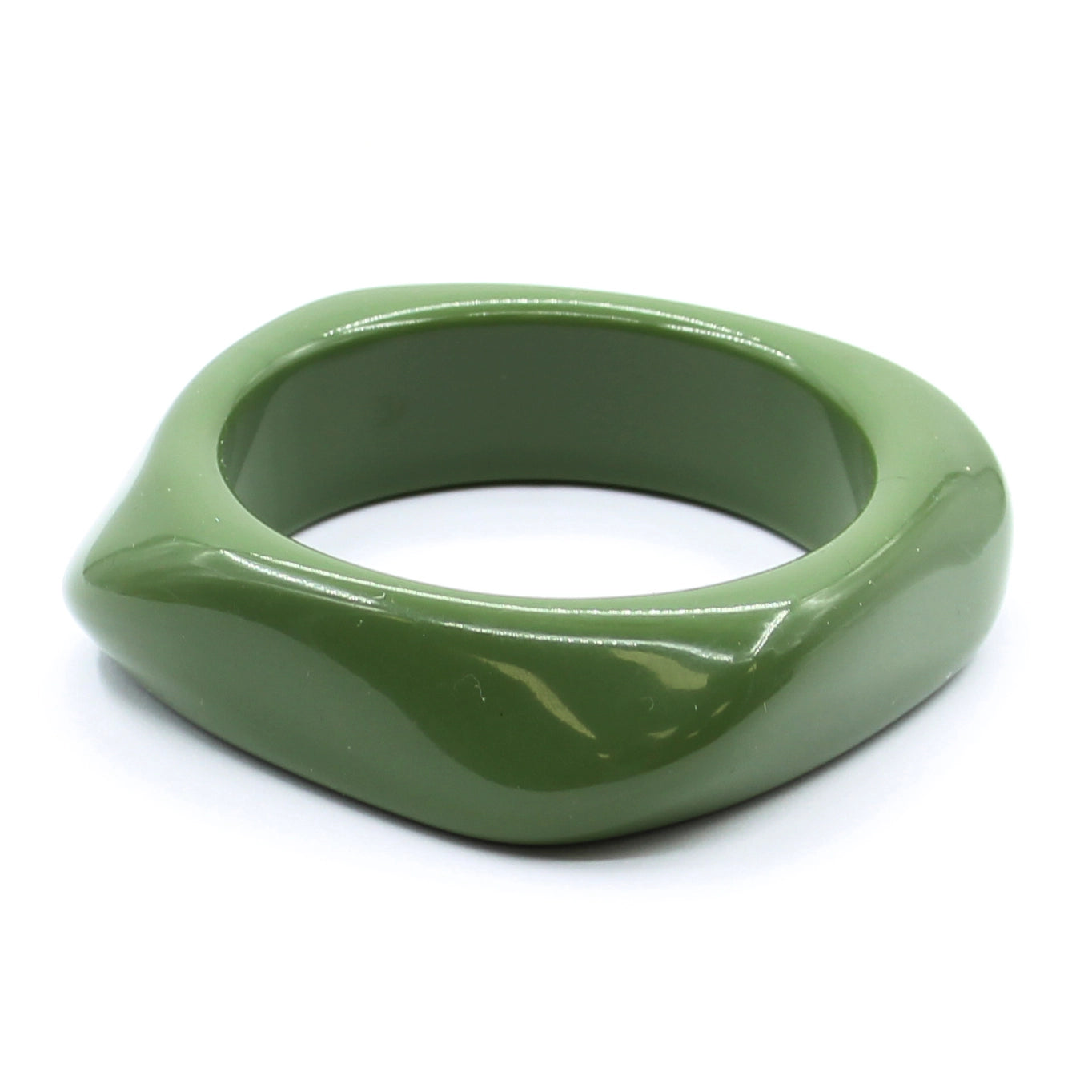 A shiny olive green resin bangle with a rounded irregular square shape