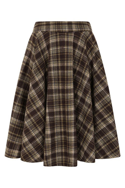 high waisted wool blend full circle swing skirt in deep brown, beige, yellow, and blue plaid pattern with side seam pockets. Shown from front