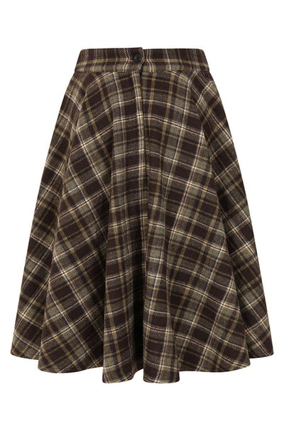 high waisted wool blend full circle swing skirt in deep brown, beige, yellow, and blue plaid pattern with side seam pockets. Shown from back