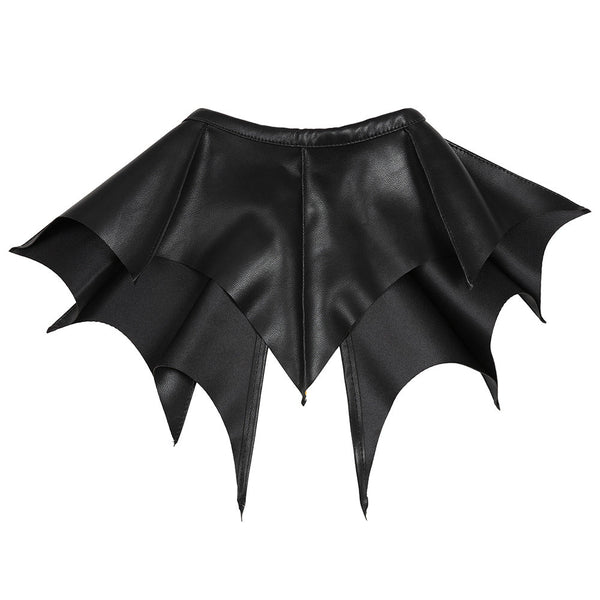 black textured faux leather collar with gunmetal tone metal snap closure in exaggerated batwing shape with scalloped edges. Shown from back