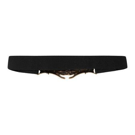 A black elastic wait belt featuring a large gold-toned metal buckle shaped like two hands clasped together, with ornate decorative details on either side, shown from back against a plain white background.