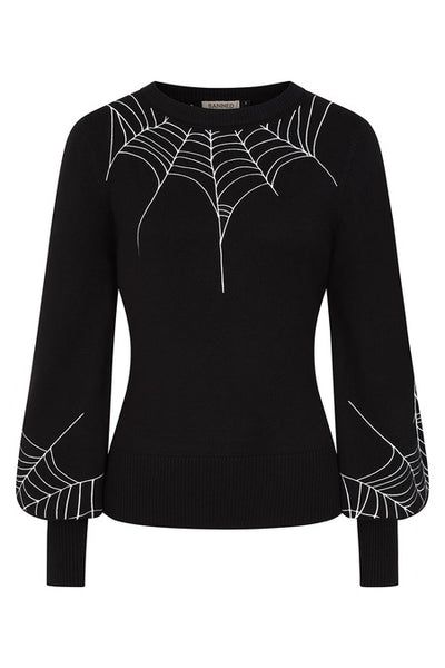 A black long-sleeve knit sweater with white embroidered spiderweb patterns across the chest and on the lower sleeves. Sweater has balloon style sleeves and ribbed neck, bottom band, and cuffs. Shown from front