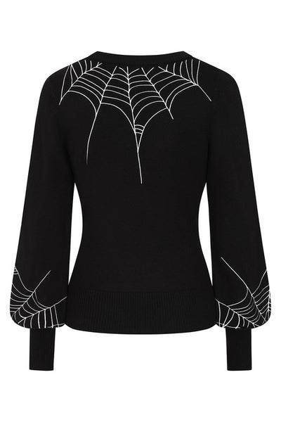 A black long-sleeve knit sweater with white embroidered spiderweb patterns across the chest and on the lower sleeves. Sweater has balloon style sleeves and ribbed neck, bottom band, and cuffs. Shown from back