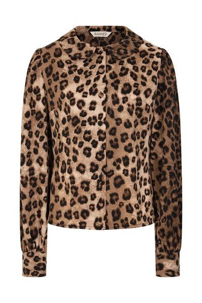natural black and brown leopard print woven blouse with Peter Pan collar, slightly puffed shoulders, long balloon style sleeves, and button closure cuffs. Shown from front