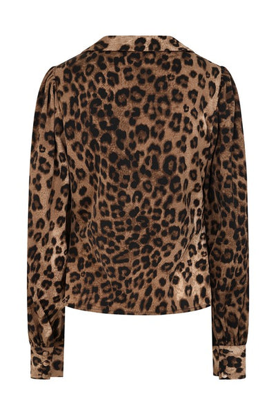 natural black and brown leopard print woven blouse with Peter Pan collar, slightly puffed shoulders, long balloon style sleeves, and button closure cuffs. Shown from back