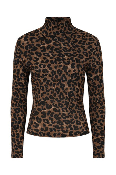 A long-sleeve mock neck knit top with a brown and black leopard print pattern, shown from the front