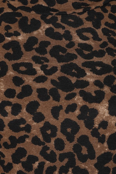 A long-sleeve mock neck knit top with a brown and black leopard print pattern, shown from the front in close up of pattern and fabric