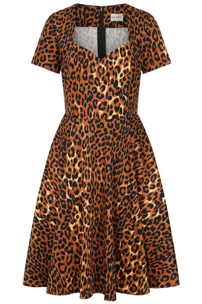 A short-sleeve fit-and-flare dress with a leopard print pattern in brown, black, and beige, with a sweetheart neckline and above the knee gathered full swing skirt. Shown from front