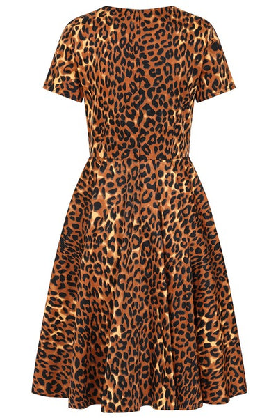 A short-sleeve fit-and-flare dress with a leopard print pattern in brown, black, and beige, with a sweetheart neckline and above the knee gathered full swing skirt. Shown from back