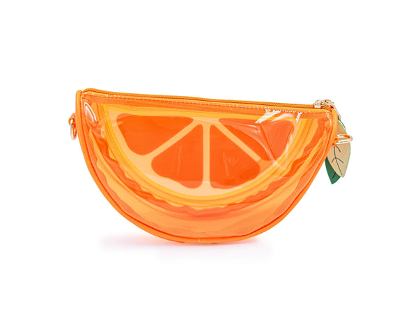 orange vinyl purse shaped like slice of orange with zip closure top, zipper pulls shaped like green leaves, and removable matching strap. Shown from back