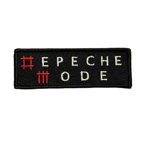 rectangular black embroidered patch with red and white Depeche Mode typography logo
