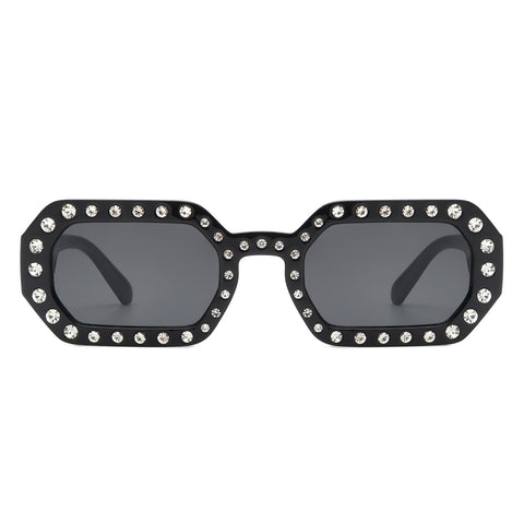 octogon shaped sunglasses with alternating sized silver rhinestones on frames and arms. Shown from front