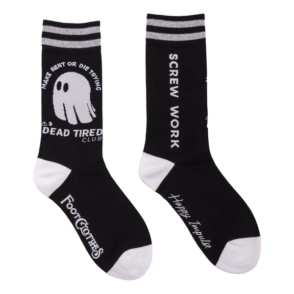 black unisex crew socks with heathered grey striped cuffs and white toes & heels and design "Dead Tired Club" "Make Rent or Die Trying" with image of ghost on one side of sock and "SCREW WORK" on other side. Foot Clothes logo and Happy Impulse logo on bottom of socks. Shown flat