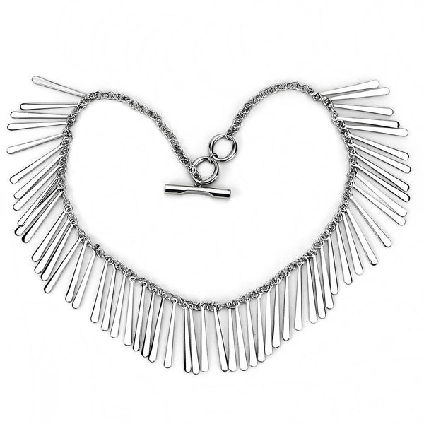 Stainless steel necklace with back toggle closure and small teardrop-shaped pendants shown flat