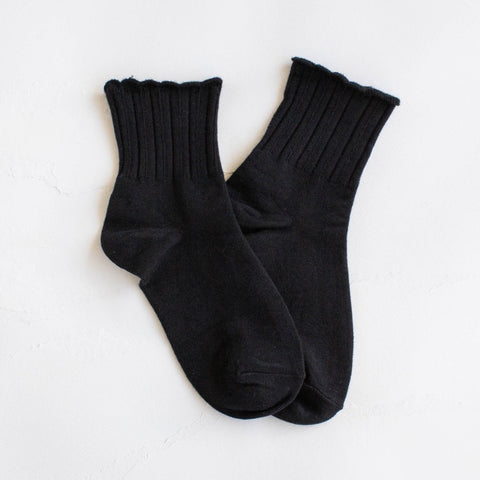 Black cotton knit socks with ribbed pattern and scalloped cuffs. Shown flat