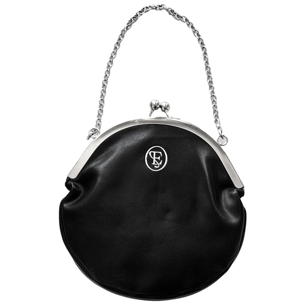 Round black faux leather handbag with silver metal kiss lock and chainlink handle. Has white spiderweb embroidery with dew drop detail. Shown from back with Ectogasm initials logo