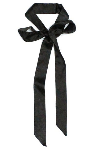 silky smooth long black satin ribbon-width scarf tied in a bow