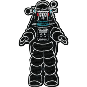 Black twill with blue, red, and white embroidery patch of Robby the Robot from the movie Forbidden Planet