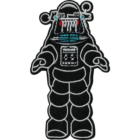 Black twill with blue, red, and white embroidery patch of Robby the Robot from the movie Forbidden Planet