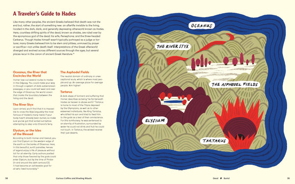 Illustration of the underworld with map labels on a book page