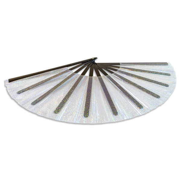 oversized transparent “clear” glitter vinyl hand fan with black plastic ribs shown open flat