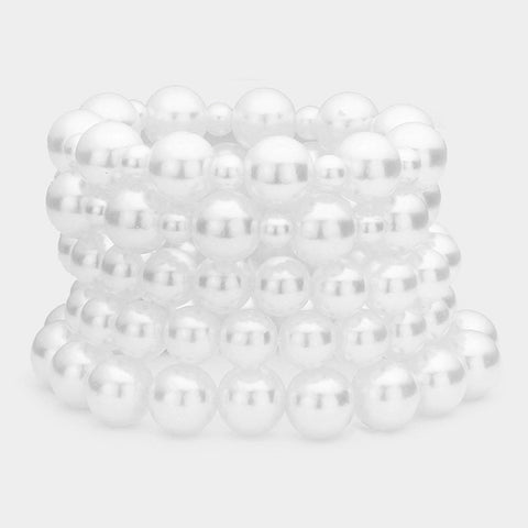 set of 5 stretch bracelets of bright white faux pearls