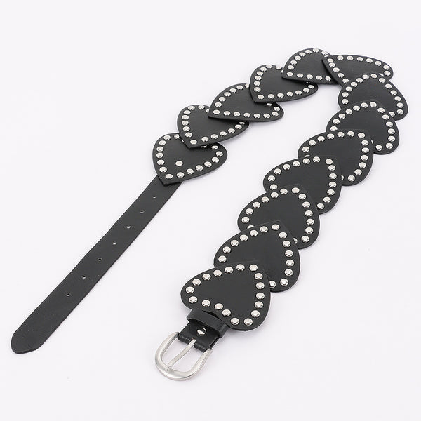 black textured faux leather waist belt made of overlapping heart shapes with round silver metal rivet outlines. Shown flat