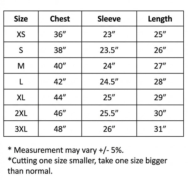 Shirt size chart