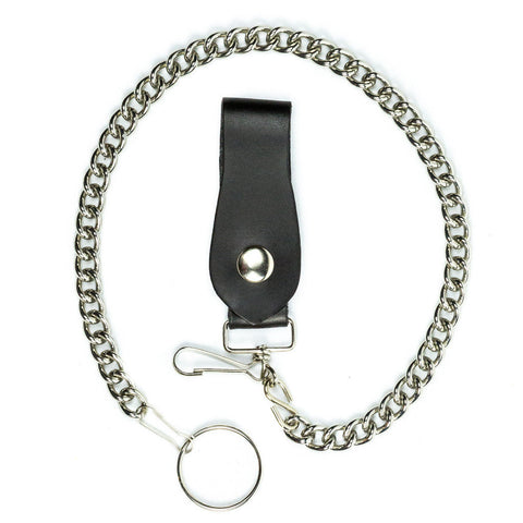 18” long silver metal wallet chain with black leather fob