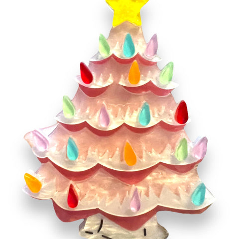 layered acrylic resin brooch of a pink Christmas tree with multicolored lights and star