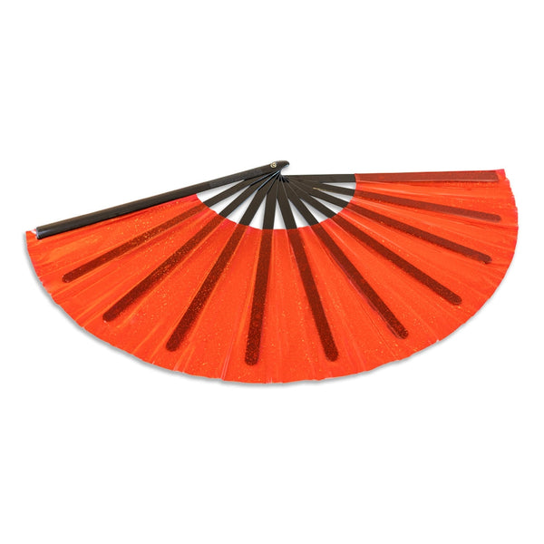 oversized transparent red glitter vinyl hand fan with black plastic ribs shown open from side