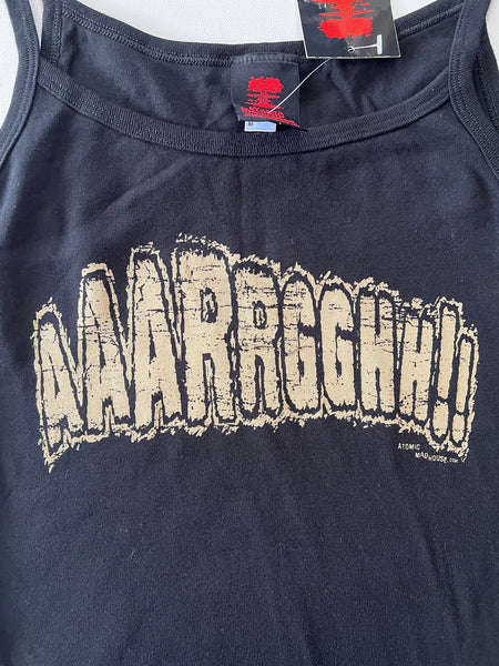 Black cotton blend spaghetti strap camisole tank top with beige screen printed message of “AARRGGHH!!” across front of chest. Shown flat in close up of printed design